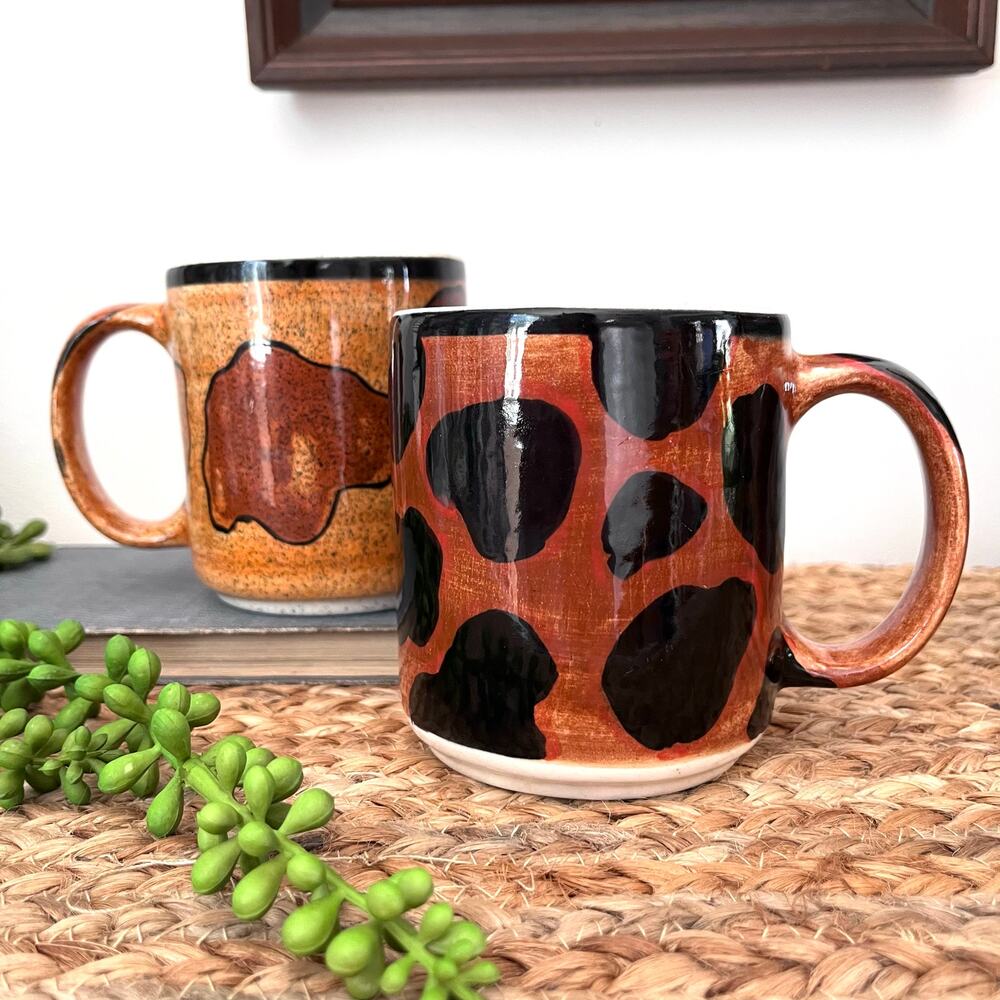 Set of 2 Hand Painted Animal Print Ceramic Coffee Mugs Cups Honduras Brown Black